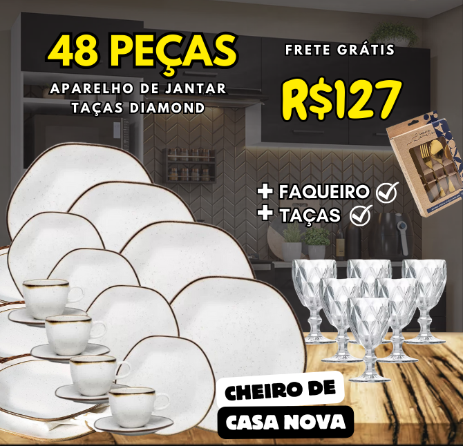 Aparelho de Jantar Americano Diamond + Faqueiro + Taças | (SOMENTE HOJE) + [FRETE GRÁTIS + 69% OFF] SÓ HOJE PREÇO DE ANIVERSÁRIO