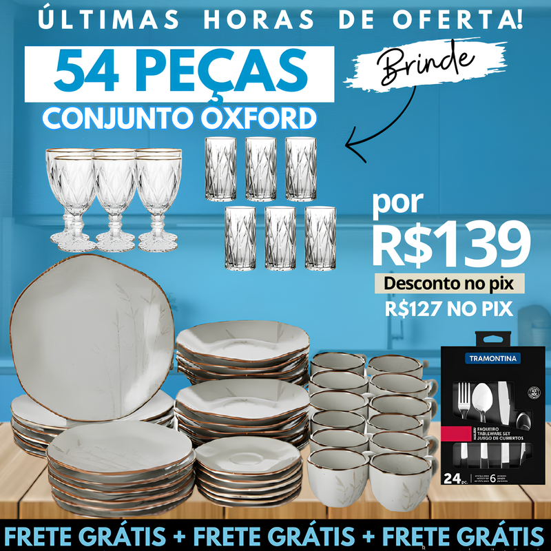 Aparelho de Jantar Oxford 54Pcs + Taças Diamond + Copos Cristal + Faqueiro