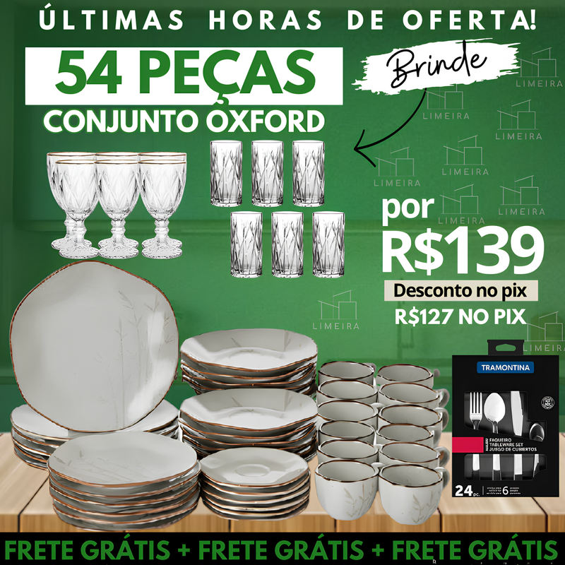 Aparelho de Jantar Oxford 54Pcs + Taças Diamond + Copos Cristal + Faqueiro