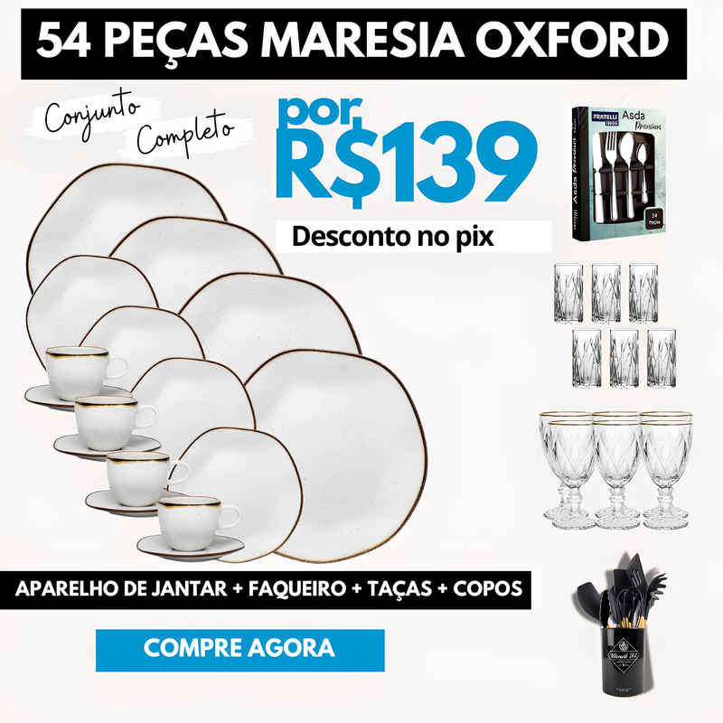 Aparelho de Jantar Oxford 54Pcs + Taças Diamond + Copos Cristal + Faqueiro