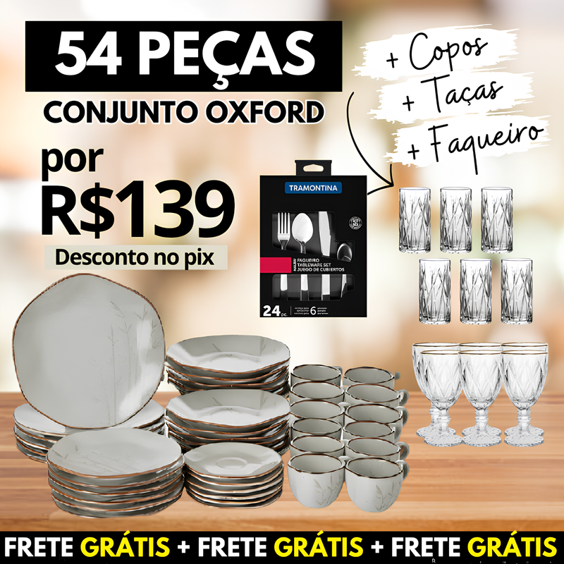 Aparelho de Jantar Oxford 54Pcs + Taças Diamond + Copos Cristal + Faqueiro