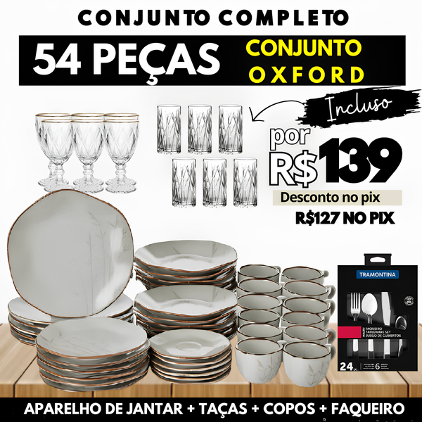 Aparelho de Jantar Oxford 54 PCS+ Taças Diamond + Copos Cristal + Faqueiro [V3]